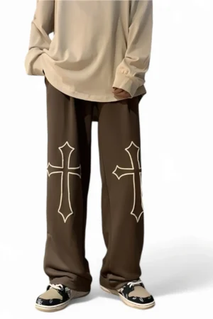 Cross Printed Baggy Straight Leg Pants – Comfortable and Stylish