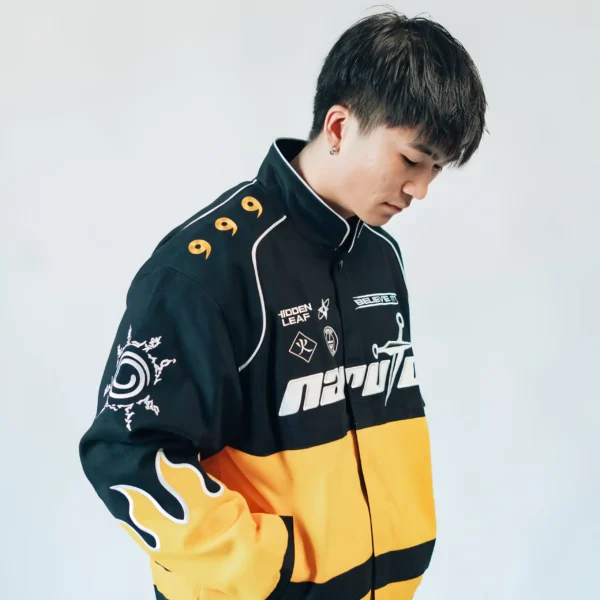 Naruto Flame Patch Racing Bomber Jacket | Iconic Naruto Anime-Inspired Streetwear Jacket with Racing Design