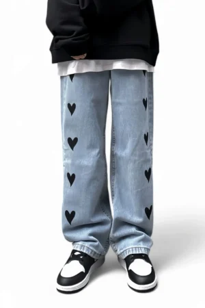 Heart Print Baggy Jeans – Comfortable Loose-Fit Denim