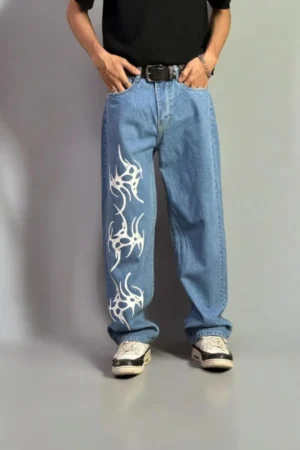 Light Blue Straight Leg Printed Jeans - Classic Denim for Every Occasion