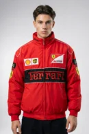 Front view of the Red Vintage Ferrari Racing Jacket featuring Iconic F1 Style and High-Density Embroidery by DRIP MANIA India.