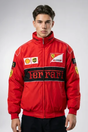 Front view of the Red Vintage Ferrari Racing Jacket featuring Iconic F1 Style and High-Density Embroidery by DRIP MANIA India.