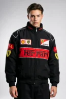 Premium Embroidered Black Ferrari F1 Jacket by DRIP MANIA - Front View
