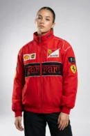 Premium Red Ferrari Jacket Embroidered featuring high-density 3D racing logos and a structured fit. This iconic racing style jacket is a perfect unisex F1 racing jacket for streetwear enthusiasts by DRIP MANIA.