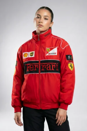 Premium Red Ferrari Jacket Embroidered featuring high-density 3D racing logos and a structured fit. This iconic racing style jacket is a perfect unisex F1 racing jacket for streetwear enthusiasts by DRIP MANIA.