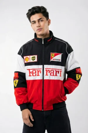 Official DRIP MANIA Red & White Ferrari F1 Jacket with premium dual-tone vintage design.