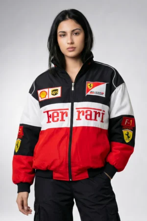 Bold Red x White Ferrari F1 Racing Jacket in a modern Street-Spec fit, featuring premium 3D embroidery—the ultimate Unisex F1 Racing Jacket for streetwear lovers in India.