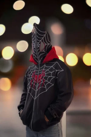 Close-up of Spiderman Hoodie logo on hoodie chest
