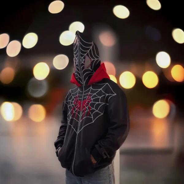 Close-up of Spiderman Hoodie logo on hoodie chest