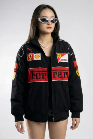 Side view of Ferrari motorsport jacket showing high-quality sleeve embroidery and ribbed cuffs