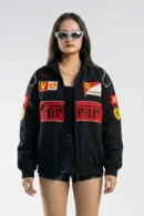 Embroidered Black Ferrari Racing Jacket with premium F1 patches - Front View by DRIP MANIA