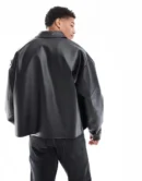 DRIP MANIA Black Leather Jacket rear view, highlighting the drop-shoulder and relaxed volume.