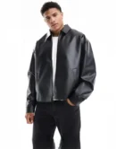 DRIP MANIA Men's Black Leather Jacket, front view, perfect oversized and loose fit.
