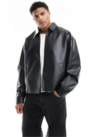 DRIP MANIA Men's Black Leather Jacket, front view, perfect oversized and loose fit.
