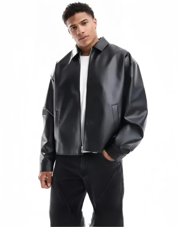 DRIP MANIA Men's Black Leather Jacket, front view, perfect oversized and loose fit.