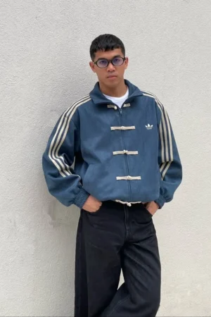 Front view of Dripmania Blue CNY Jacket with traditional Chinese knots