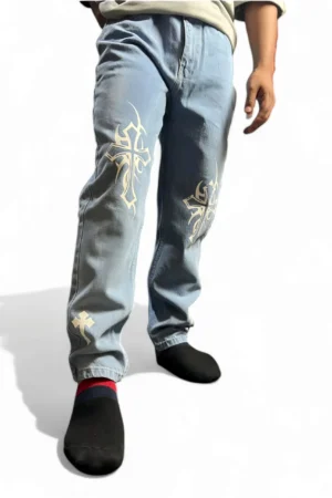 Cross Graphic Baggy Straight Jeans - Urban Street Style Denim