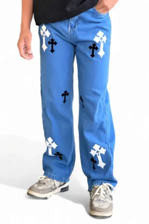 Vintage Cross Print Baggy Straight Fit Jeans
