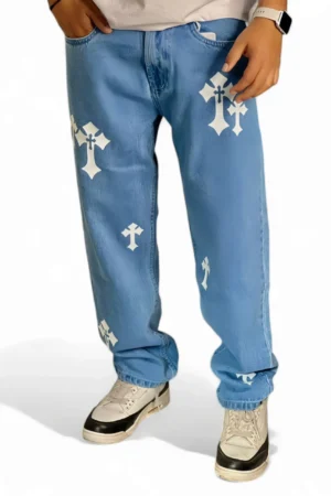 Cross Printed Baggy Straight-Leg Jeans - Trendy Streetwear Denim