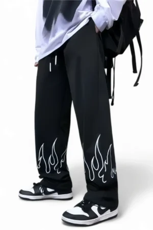 Trendy Fire Flame Printed Straight Baggy Relaxed Fit Pant