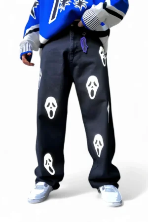 Ghost Face Printed Baggy Straight-Leg Jeans - Trendy Streetwear Denim