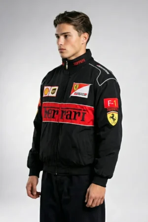 Close-up shot of Ferrari F1 jacket sleeve patches and high-quality embroidery detail