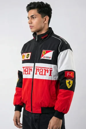 Detailed side view of DRIP MANIA Ferrari F1 jacket highlighting Scuderia vintage patches.