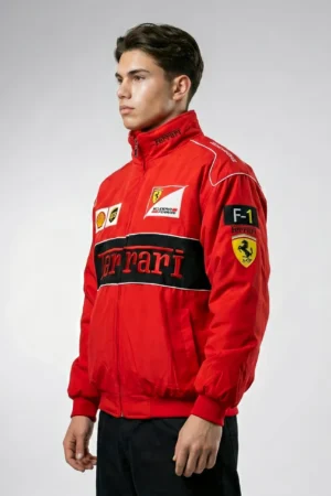 Side view of Red Ferrari Jacket showing Classic Motorsport Fashion aesthetics and premium racing heritage detailing.