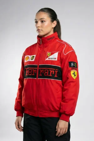 Side profile of the Red Ferrari Jacket Embroidered showing high-quality motorsport detailing and contrast stitching. Crafted from a durable cotton polyester blend for a modern vintage Ferrari style by DRIP MANIA.