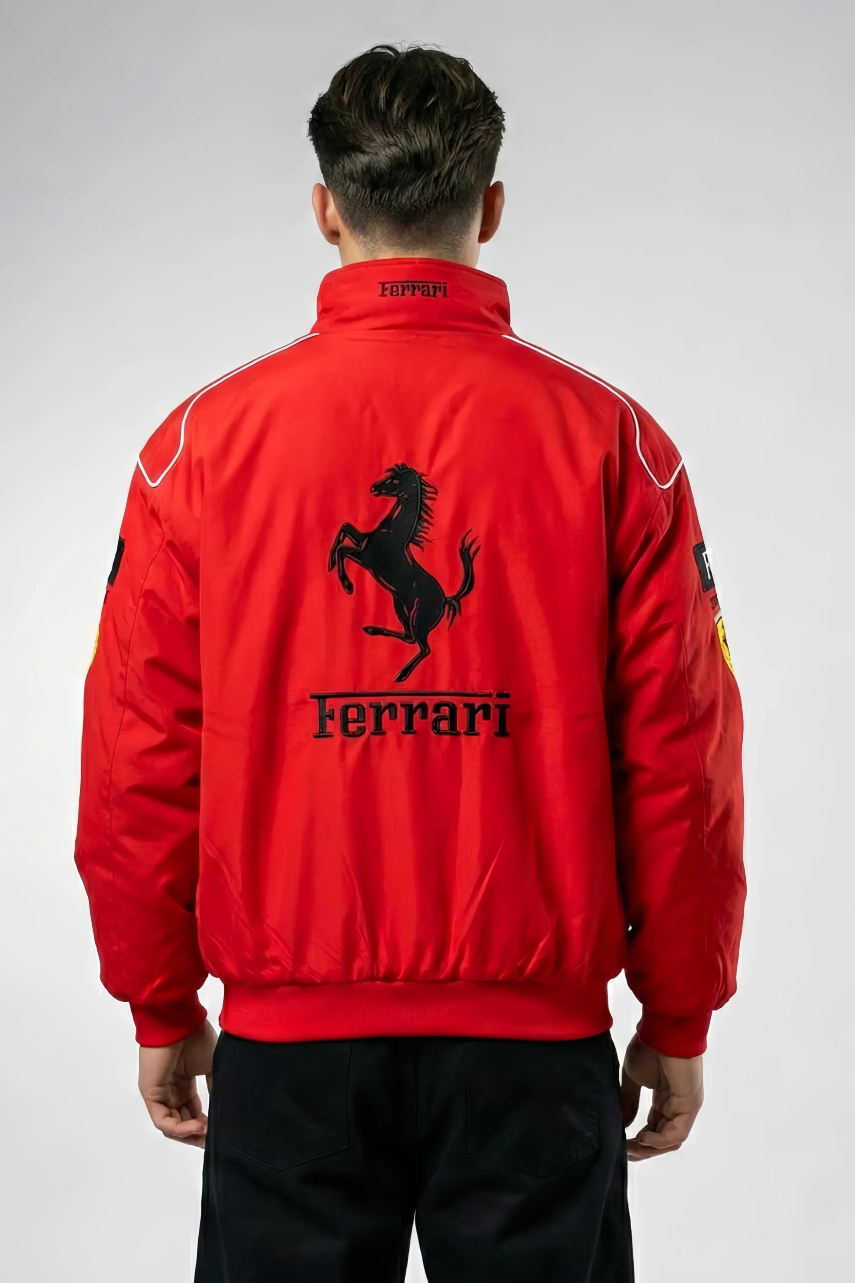 Back view of the Vintage Ferrari Racing Jacket with Retro Racing Vibes for Formula 1 enthusiasts in India – DRIP MANIA.