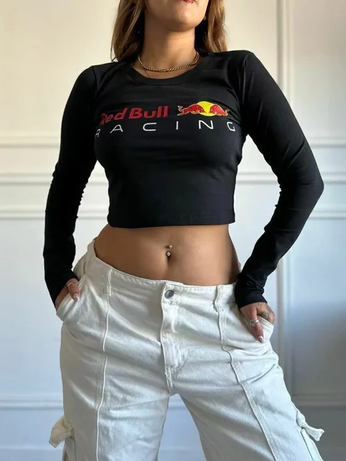 Red Bull Long Sleeves Crop Top | High-Energy Streetwear by Drip Mania - Image 3